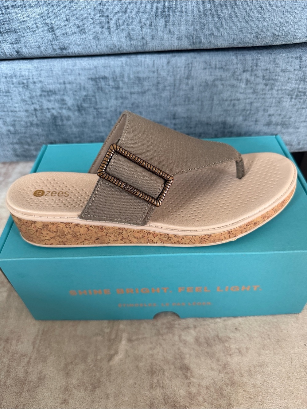 Bzees Bay Taupe Wedge Thong Sandal with Decorative Buckle 9W
